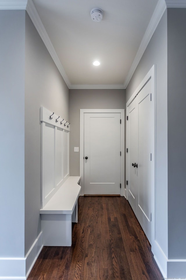 mudroom with ornamental molding and dark hardwood / wood-style floors