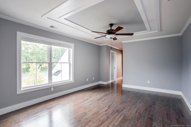 empty room with crown molding, dark wood-type flooring, and ceiling fan