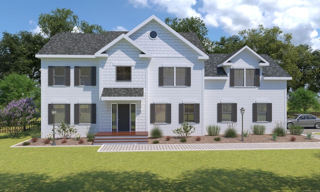 view of front of home with a front yard and a shingled roof