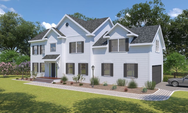 view of front of home with a shingled roof, an attached garage, driveway, and a front lawn