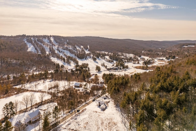 snowy aerial view featuring a mountain view