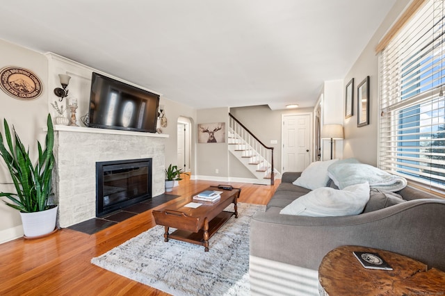 living room with a fireplace and wood-type flooring