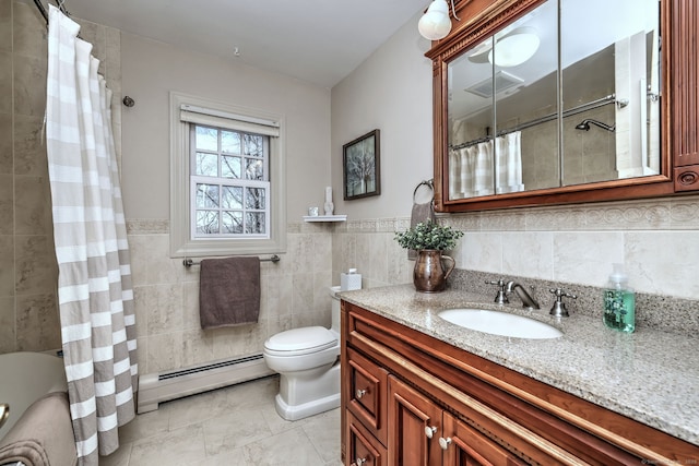 full bathroom featuring a baseboard radiator, tile walls, shower / bath combination with curtain, vanity, and toilet