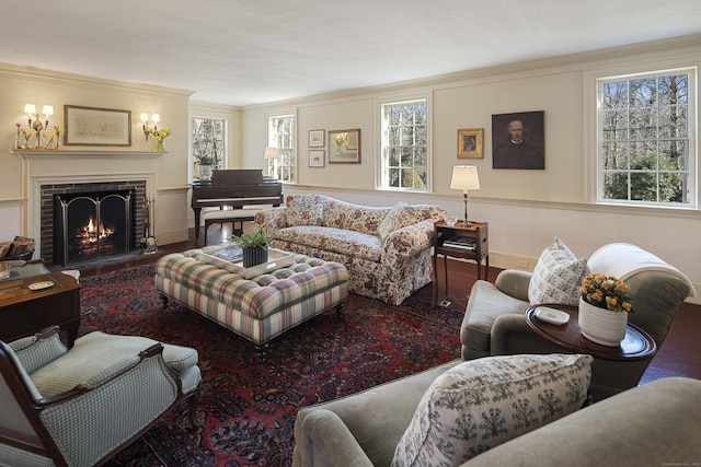 living area with ornamental molding, plenty of natural light, a fireplace, and wood finished floors