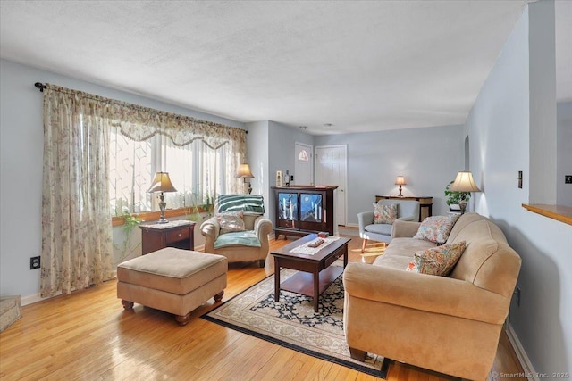 living room featuring light hardwood / wood-style floors and a textured ceiling