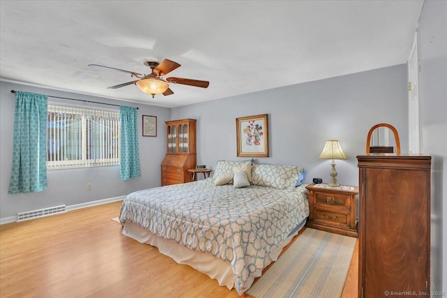 bedroom with ceiling fan and light hardwood / wood-style floors