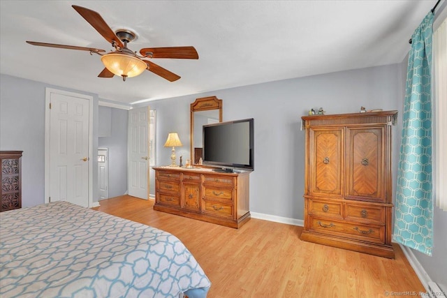 bedroom with ceiling fan and light wood-type flooring