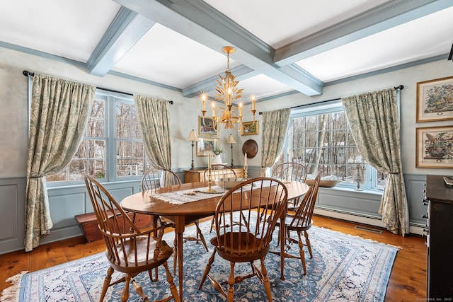 dining area featuring hardwood / wood-style floors, beamed ceiling, wainscoting, and a notable chandelier