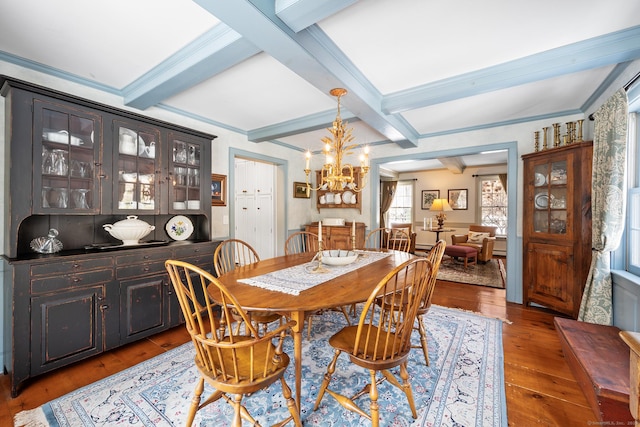 dining area with a chandelier, coffered ceiling, ornamental molding, hardwood / wood-style floors, and beamed ceiling