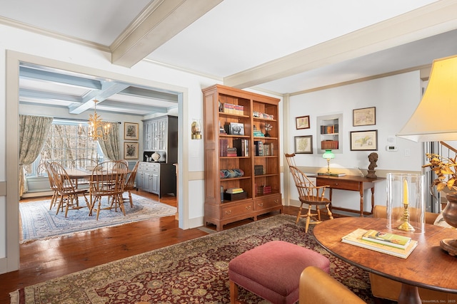 interior space featuring coffered ceiling, hardwood / wood-style flooring, crown molding, a chandelier, and beam ceiling