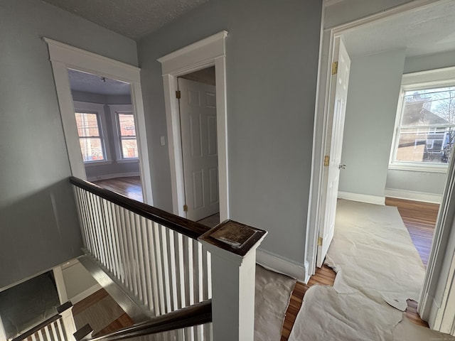 corridor featuring hardwood / wood-style flooring and a textured ceiling