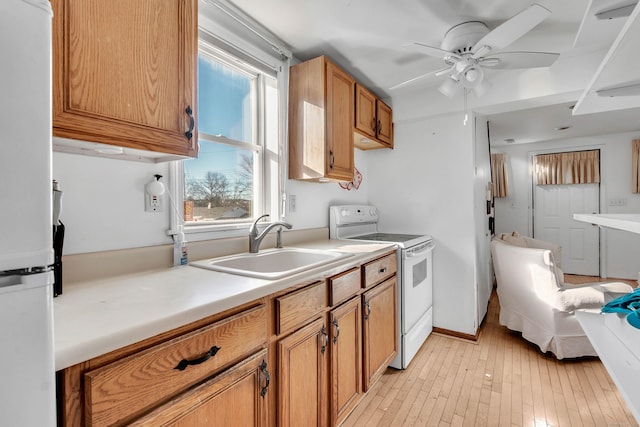 kitchen with white electric stove, plenty of natural light, sink, and refrigerator