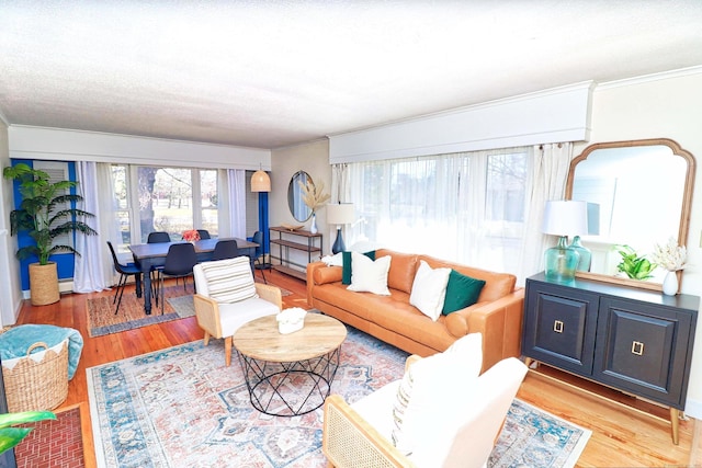 living room with ornamental molding, plenty of natural light, and light wood-type flooring