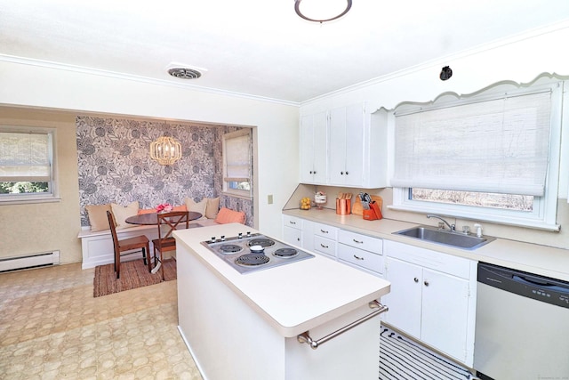 kitchen featuring stovetop, sink, stainless steel dishwasher, a baseboard radiator, and white cabinets