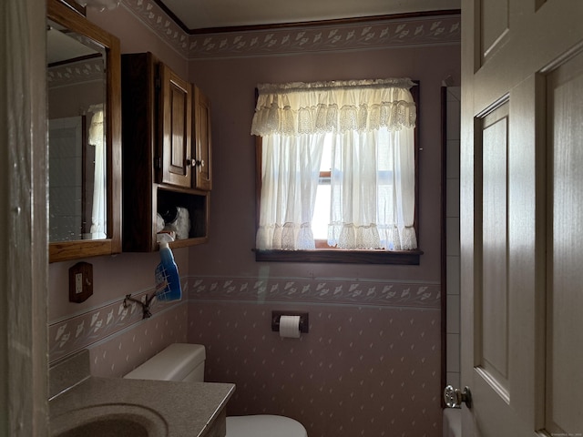 bathroom with toilet, vanity, and wainscoting