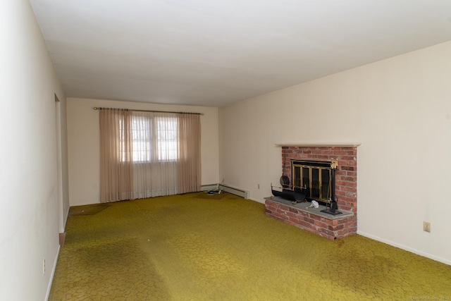 unfurnished living room with a fireplace and carpet flooring