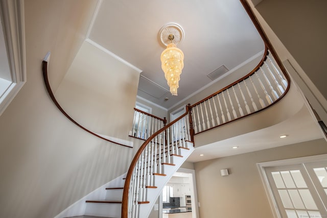 16 Saddle Ridge Rd, New Milford, CT 06776 - stairs featuring recessed lighting, a high ceiling, visible vents, crown molding, and a chandelier