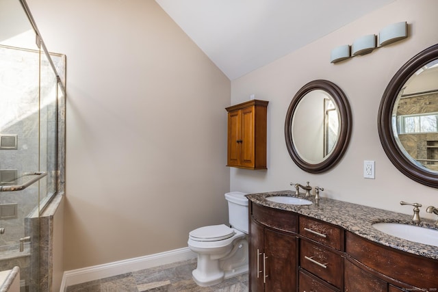 16 Saddle Ridge Rd, New Milford, CT 06776 - full bathroom with a shower stall, lofted ceiling, baseboards, and a sink