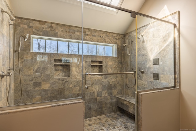 16 Saddle Ridge Rd, New Milford, CT 06776 - bathroom with lofted ceiling and tiled shower