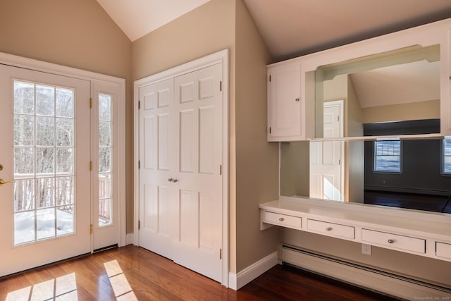 16 Saddle Ridge Rd, New Milford, CT 06776 - interior space featuring a baseboard heating unit, lofted ceiling, baseboards, and wood finished floors