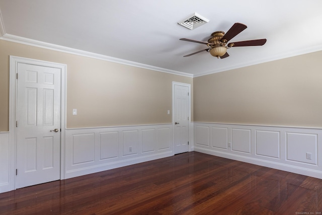 16 Saddle Ridge Rd, New Milford, CT 06776 - spare room featuring a wainscoted wall, visible vents, a ceiling fan, wood finished floors, and ornamental molding
