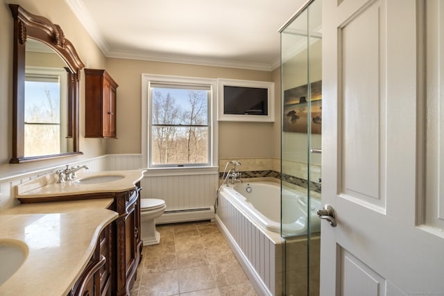16 Saddle Ridge Rd, New Milford, CT 06776 - bathroom with a baseboard heating unit, a bath, a stall shower, toilet, and vanity