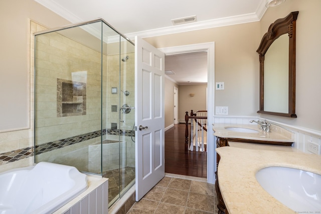 16 Saddle Ridge Rd, New Milford, CT 06776 - full bath with a shower stall, a bath, vanity, ornamental molding, and visible vents