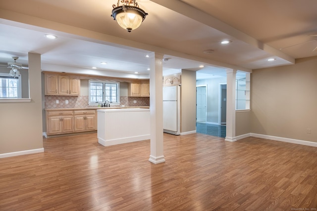 16 Saddle Ridge Rd, New Milford, CT 06776 - unfurnished living room featuring light wood finished floors, a ceiling fan, a sink, and recessed lighting