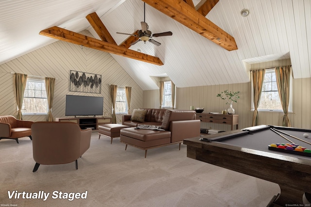 16 Saddle Ridge Rd, New Milford, CT 06776 - playroom featuring vaulted ceiling with beams, carpet, and a healthy amount of sunlight