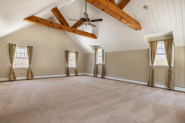 16 Saddle Ridge Rd, New Milford, CT 06776 - additional living space featuring vaulted ceiling with beams, carpet, a ceiling fan, and a healthy amount of sunlight