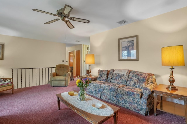 living room with carpet floors and ceiling fan