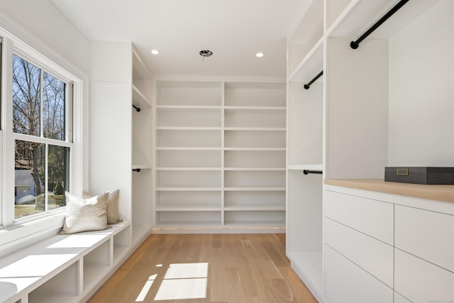 spacious closet with light hardwood / wood-style flooring