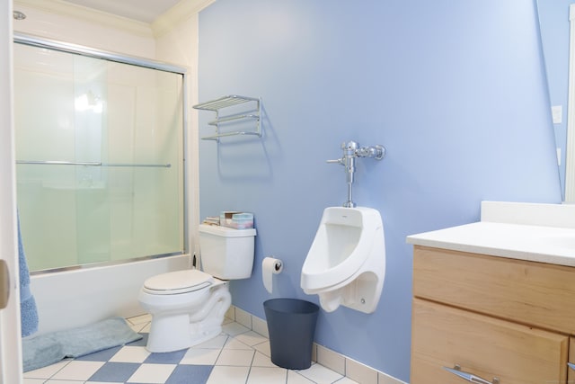 full bathroom featuring enclosed tub / shower combo, tile patterned flooring, vanity, ornamental molding, and toilet