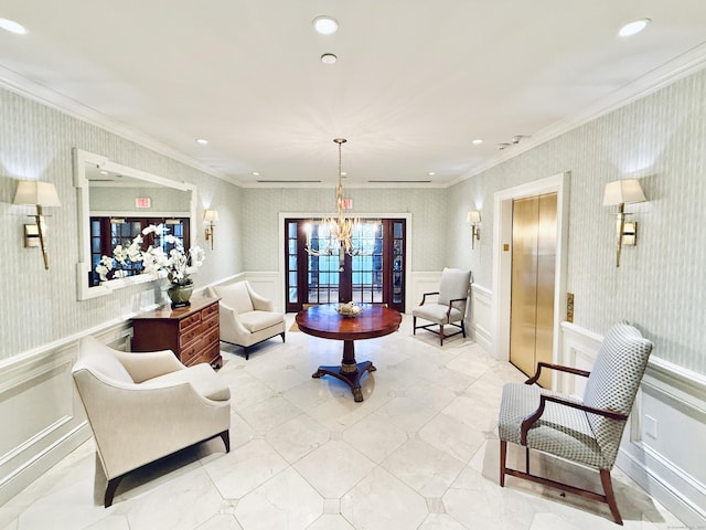 living room featuring elevator, ornamental molding, and a notable chandelier