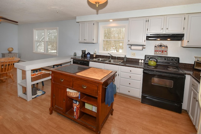 kitchen featuring sink, light hardwood / wood-style flooring, white cabinets, and black range with electric cooktop