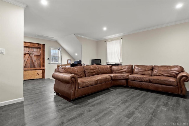 living room featuring dark hardwood / wood-style flooring and ornamental molding