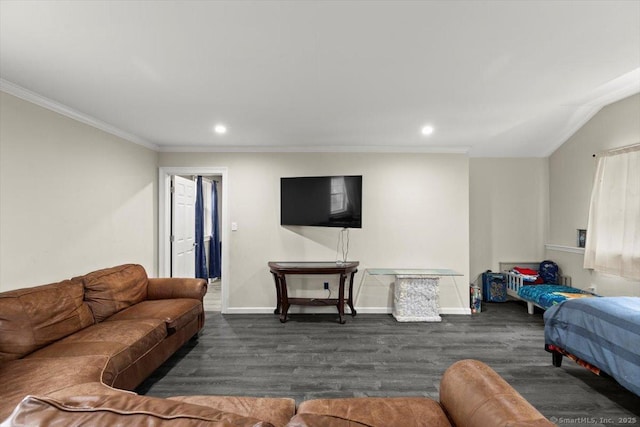 living room with ornamental molding and dark hardwood / wood-style floors