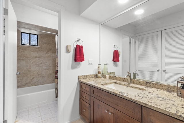 bathroom featuring vanity, shower / bathtub combination with curtain, and tile patterned flooring