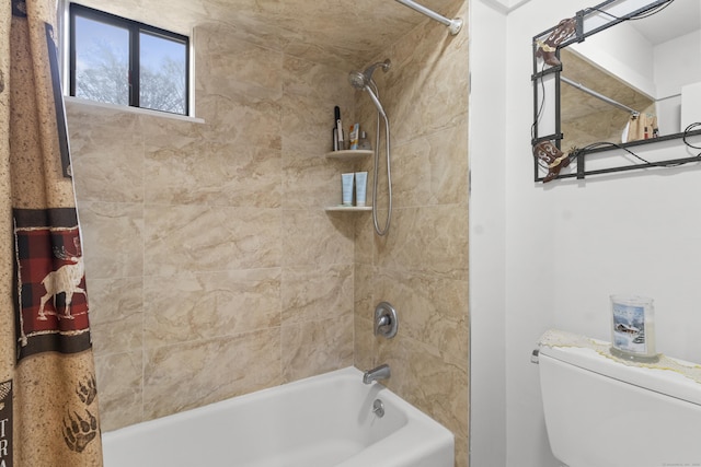 bathroom featuring shower / bath combination with curtain and toilet