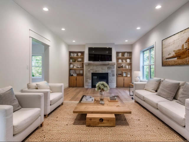 living room featuring a healthy amount of sunlight and light hardwood / wood-style flooring