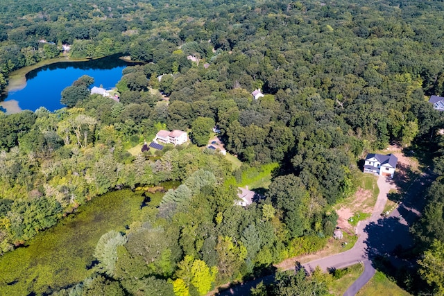 bird's eye view with a water view