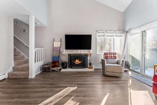 living room featuring dark wood-type flooring, a baseboard radiator, and high vaulted ceiling