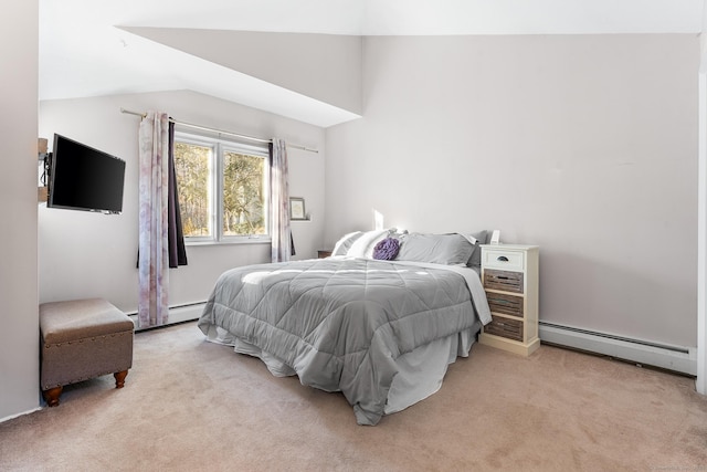 carpeted bedroom with a baseboard radiator and vaulted ceiling