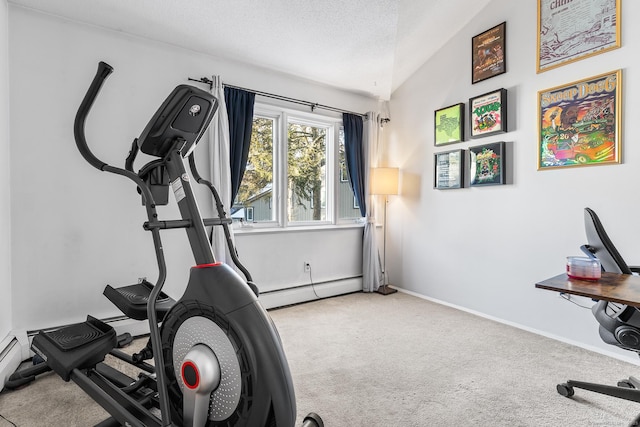 workout area featuring vaulted ceiling, light colored carpet, a textured ceiling, and baseboard heating