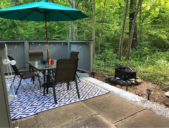 view of patio / terrace featuring a fire pit