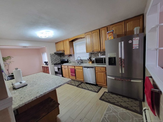 kitchen with a baseboard radiator, sink, decorative backsplash, stainless steel appliances, and light wood-type flooring