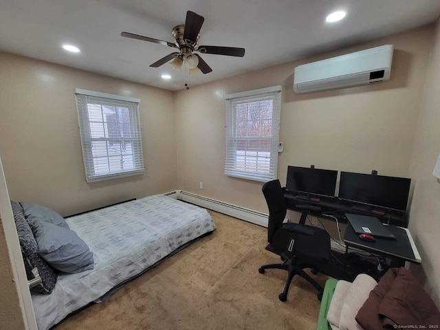 bedroom featuring a wall mounted air conditioner, light colored carpet, ceiling fan, and baseboard heating