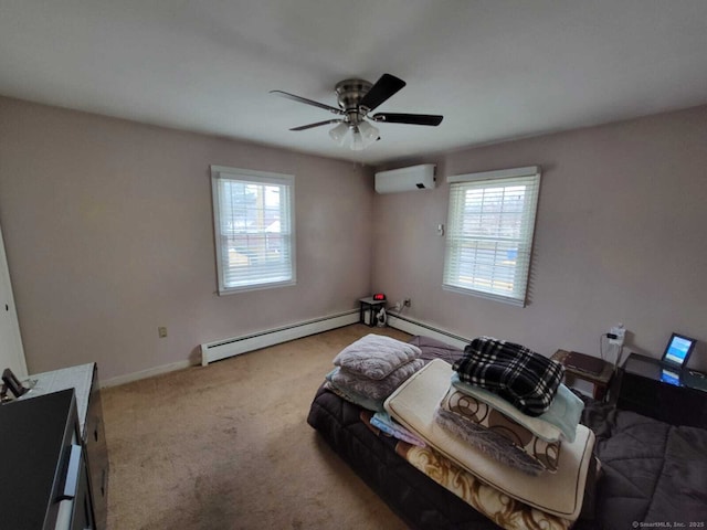 carpeted bedroom featuring ceiling fan, a wall mounted air conditioner, and a baseboard heating unit