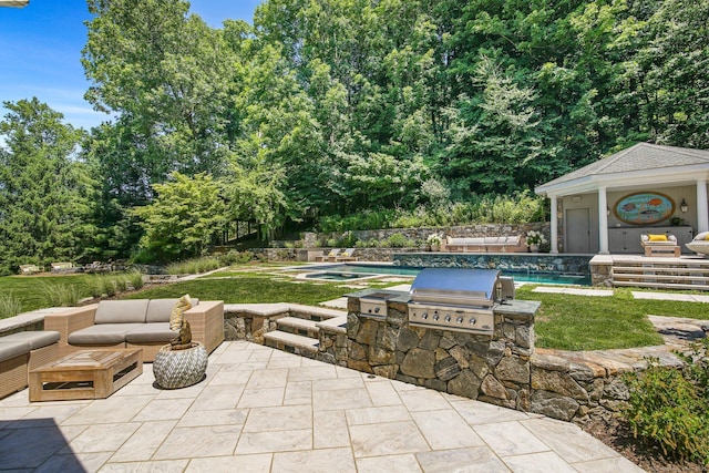 view of patio / terrace featuring a grill, an outdoor hangout area, an outdoor structure, and a pool with hot tub