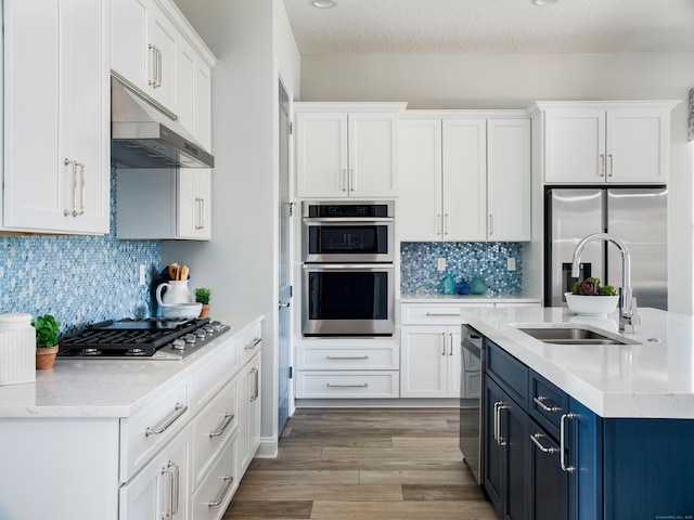 kitchen featuring blue cabinets, white cabinets, under cabinet range hood, stainless steel appliances, and a sink